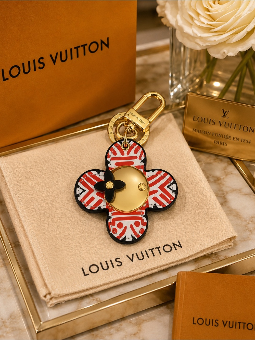 Luxury Fashion Red and Black Flower Bag Charm Keyring